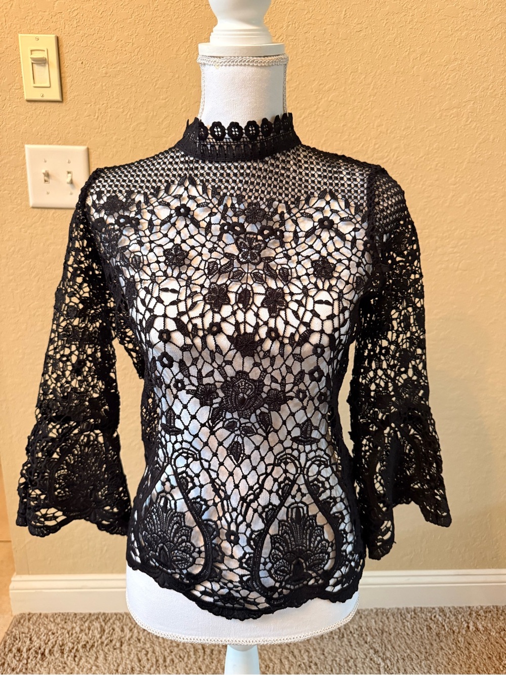 BOLD elements Black Crochet Lace High-Neck Bell-Sleeve Top